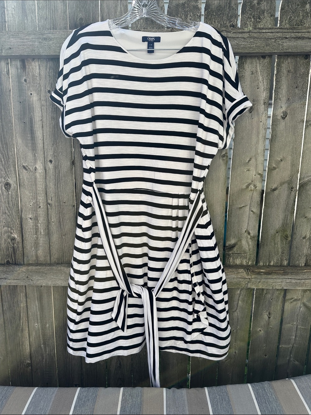 Chaps Black and White Striped Tie-Waist Women's Dress